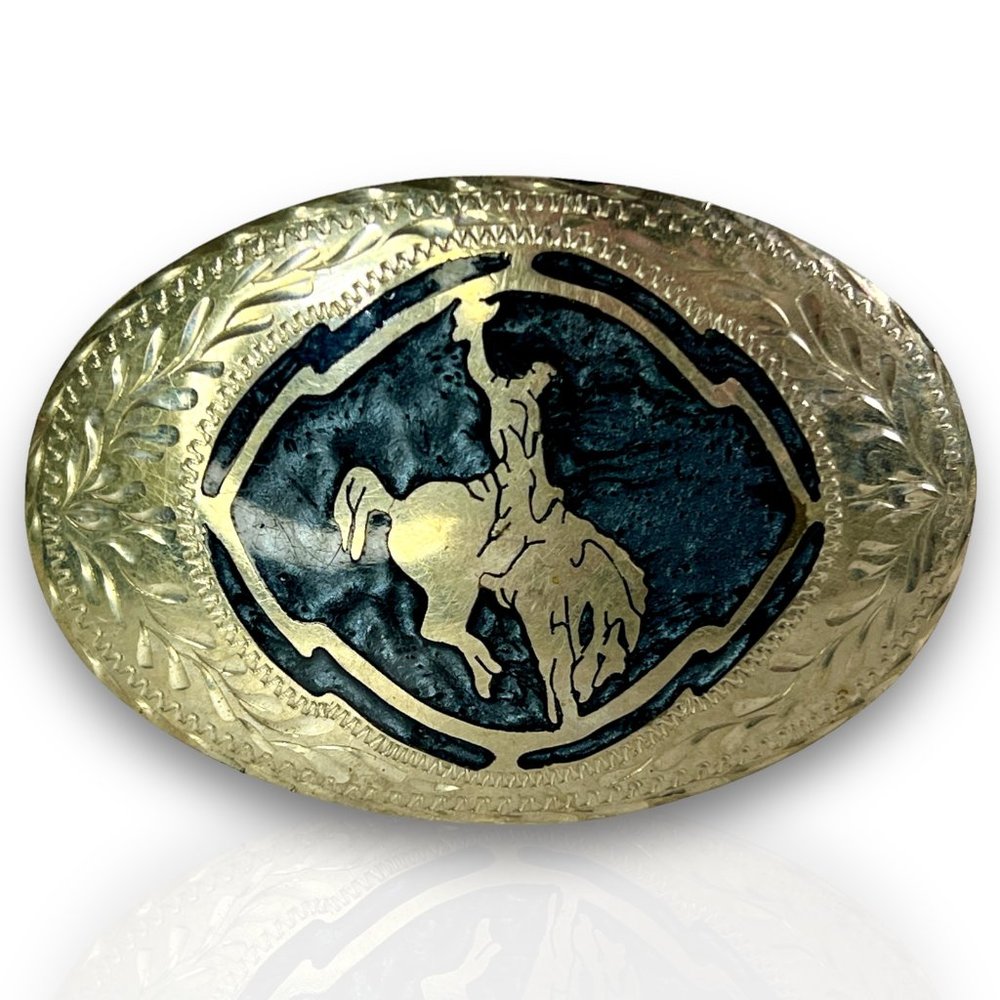 Vintage Bucking Bronco Horse and Cowboy Belt Buckle with Labradorite Stone Inlay